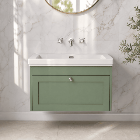 [BFHE896H] Balterley 800mm Wall Hung 1 Drawer Unit with Classic Basin No Tap Hole - Satin Green - Silo