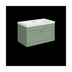 [BFHE896K] Balterley 800mm Wall Hung 1 Drawer Unit with Minimalist Basin No Tap Hole - Satin Green - Cutout