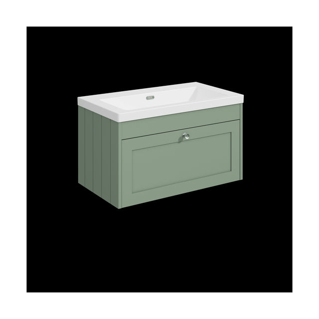 [BFHE896K] Balterley 800mm Wall Hung 1 Drawer Unit with Minimalist Basin No Tap Hole - Satin Green - Cutout