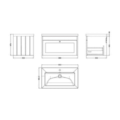 [BFHE896K] Balterley 800mm Wall Hung 1 Drawer Unit with Minimalist Basin No Tap Hole - Satin Green - Technical Drawing