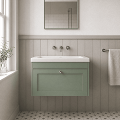 [BFHE896K] Balterley 800mm Wall Hung 1 Drawer Unit with Minimalist Basin No Tap Hole - Satin Green - Lifestyle 1
