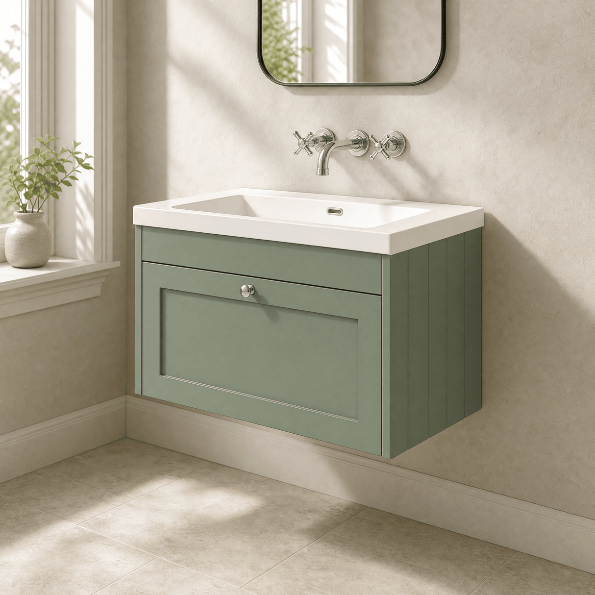 [BFHE896K] Balterley 800mm Wall Hung 1 Drawer Unit with Minimalist Basin No Tap Hole - Satin Green - Lifestyle 3
