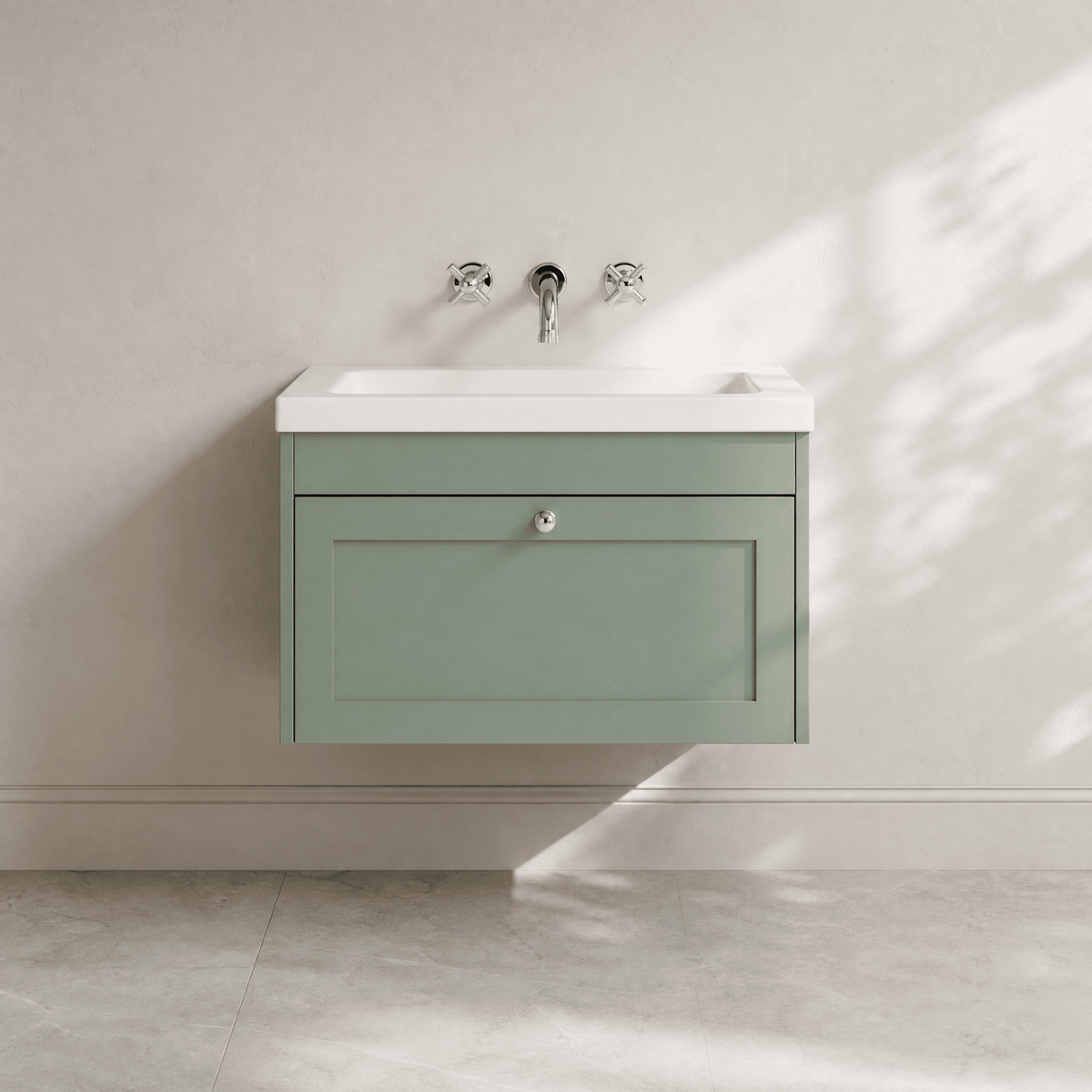 [BFHE896K] Balterley 800mm Wall Hung 1 Drawer Unit with Minimalist Basin No Tap Hole - Satin Green - Silo