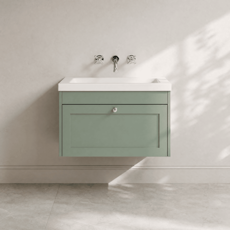 [BFHE896K] Balterley 800mm Wall Hung 1 Drawer Unit with Minimalist Basin No Tap Hole - Satin Green - Silo