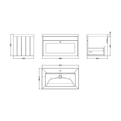 [BFHE896L] Balterley 800mm Wall Hung 1 Drawer Unit & Minimalist Basin 1 Tap Hole - Satin Green - Technical Drawing