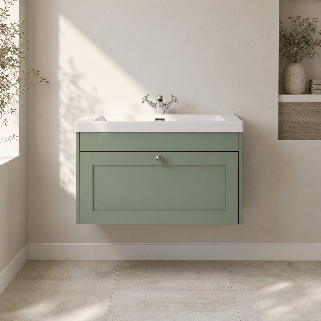 [BFHE896L] Balterley 800mm Wall Hung 1 Drawer Unit & Minimalist Basin 1 Tap Hole - Satin Green - Lifestyle 1