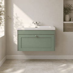 [BFHE896L] Balterley 800mm Wall Hung 1 Drawer Unit & Minimalist Basin 1 Tap Hole - Satin Green - Lifestyle 1