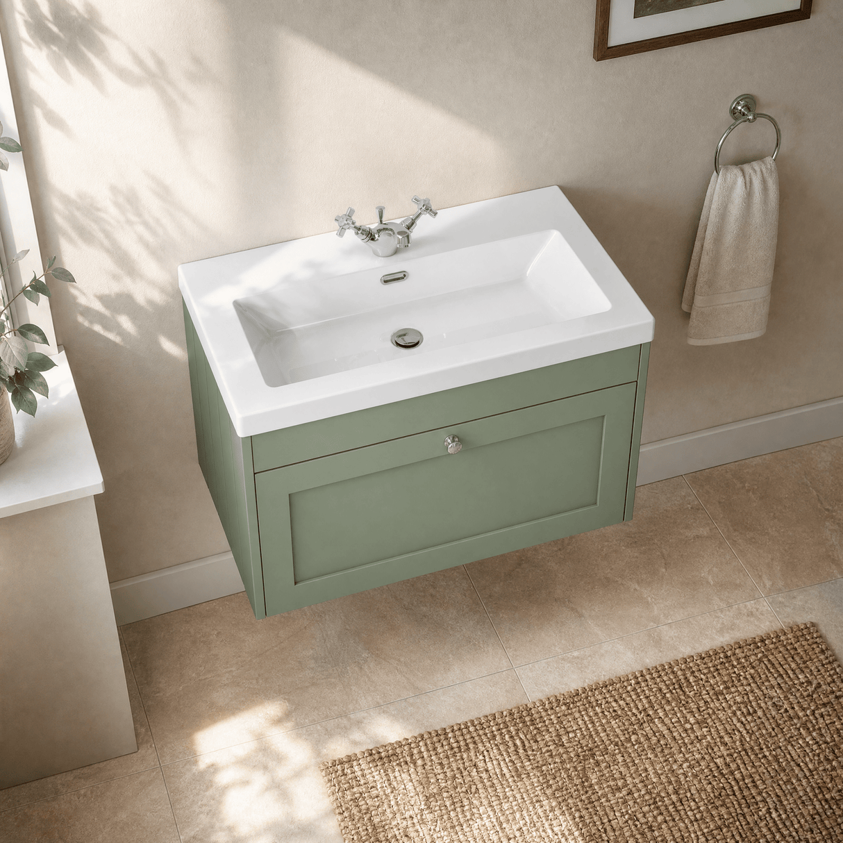 [BFHE896L] Balterley 800mm Wall Hung 1 Drawer Unit & Minimalist Basin 1 Tap Hole - Satin Green - Lifestyle 2