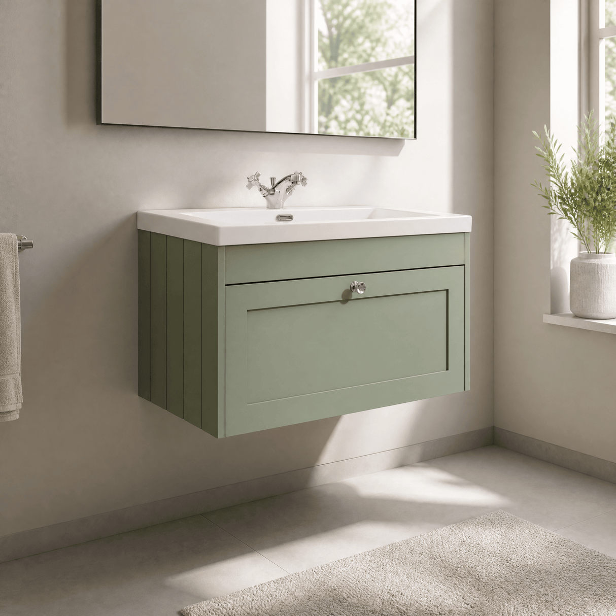 [BFHE896L] Balterley 800mm Wall Hung 1 Drawer Unit & Minimalist Basin 1 Tap Hole - Satin Green - Lifestyle 3