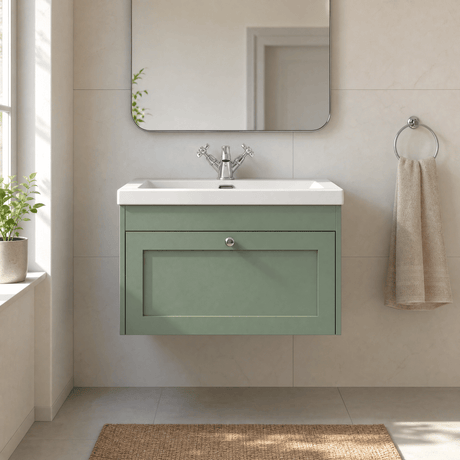 [BFHE896L] Balterley 800mm Wall Hung 1 Drawer Unit & Minimalist Basin 1 Tap Hole - Satin Green - Silo