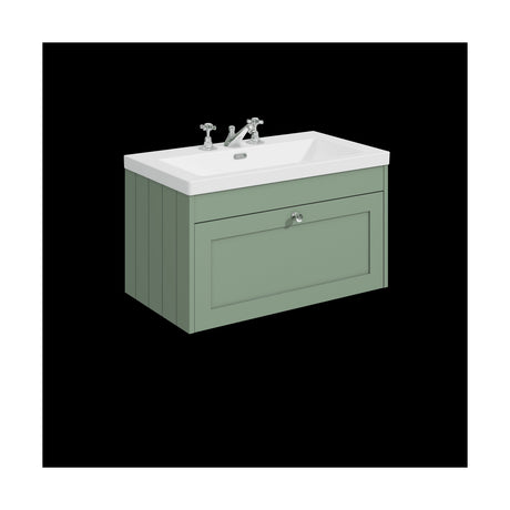 [BFHE896M] Balterley 800mm Wall Hung 1 Drawer Unit with Minimalist Basin 3 Tap Hole - Satin Green - Cutout