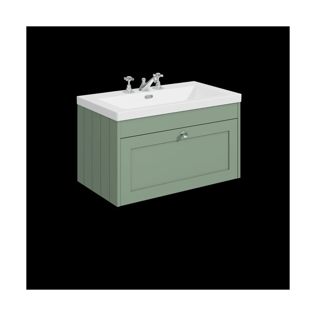 [BFHE896M] Balterley 800mm Wall Hung 1 Drawer Unit with Minimalist Basin 3 Tap Hole - Satin Green - Cutout