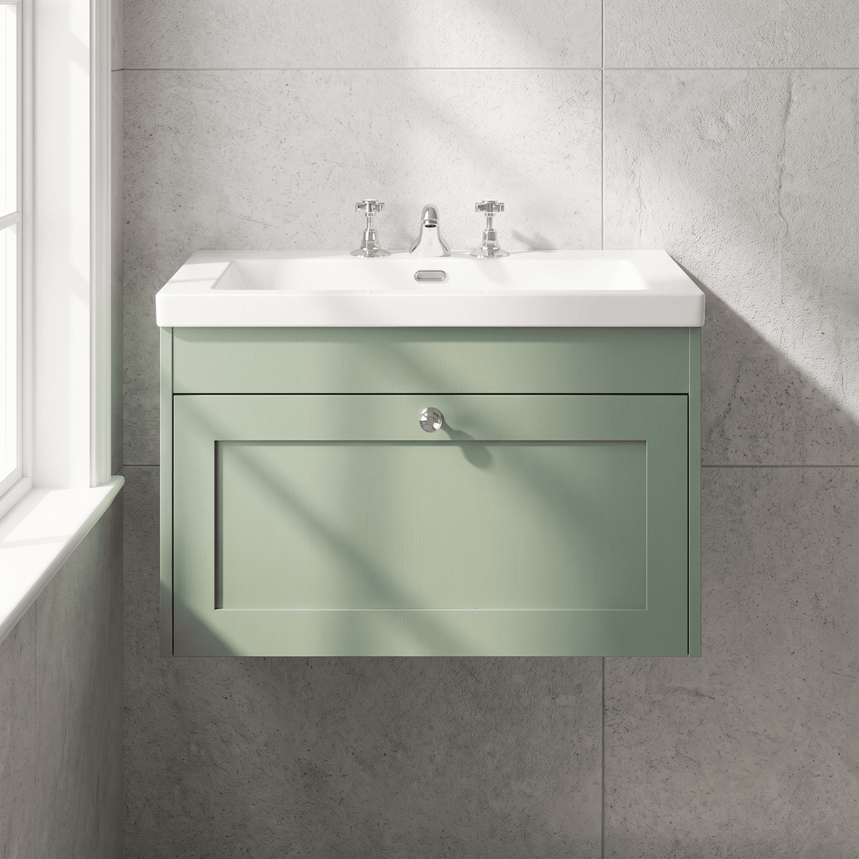 [BFHE896M] Balterley 800mm Wall Hung 1 Drawer Unit with Minimalist Basin 3 Tap Hole - Satin Green - Lifestyle 1