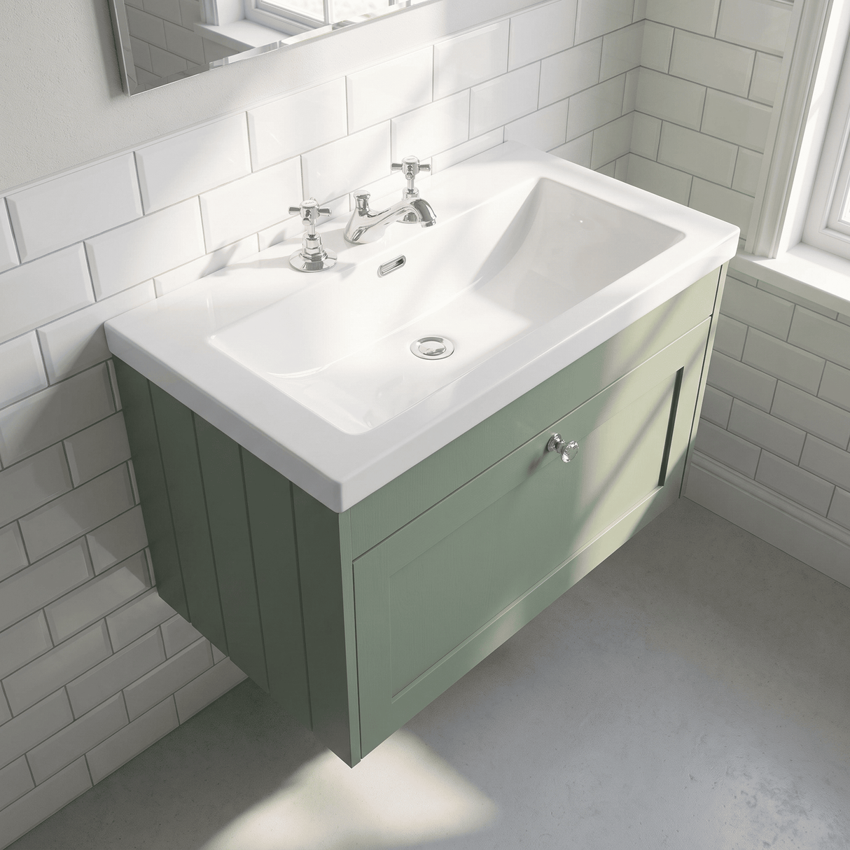 [BFHE896M] Balterley 800mm Wall Hung 1 Drawer Unit with Minimalist Basin 3 Tap Hole - Satin Green - Lifestyle 2