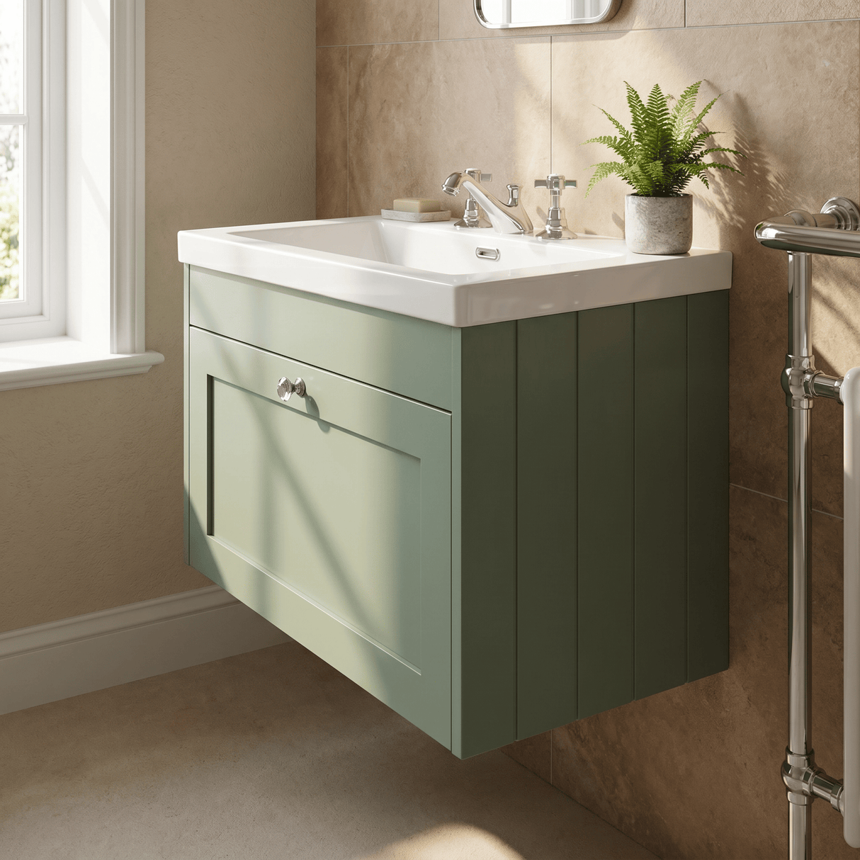 [BFHE896M] Balterley 800mm Wall Hung 1 Drawer Unit with Minimalist Basin 3 Tap Hole - Satin Green - Lifestyle 3