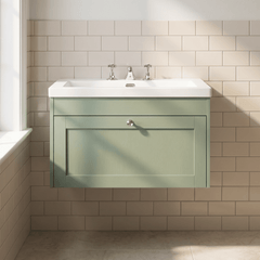 [BFHE896M] Balterley 800mm Wall Hung 1 Drawer Unit with Minimalist Basin 3 Tap Hole - Satin Green - Silo