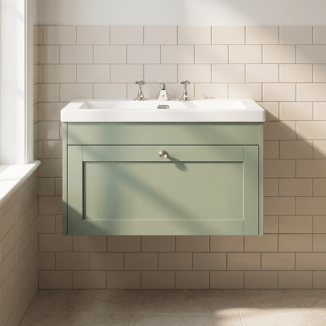 [BFHE896M] Balterley 800mm Wall Hung 1 Drawer Unit with Minimalist Basin 3 Tap Hole - Satin Green - Silo