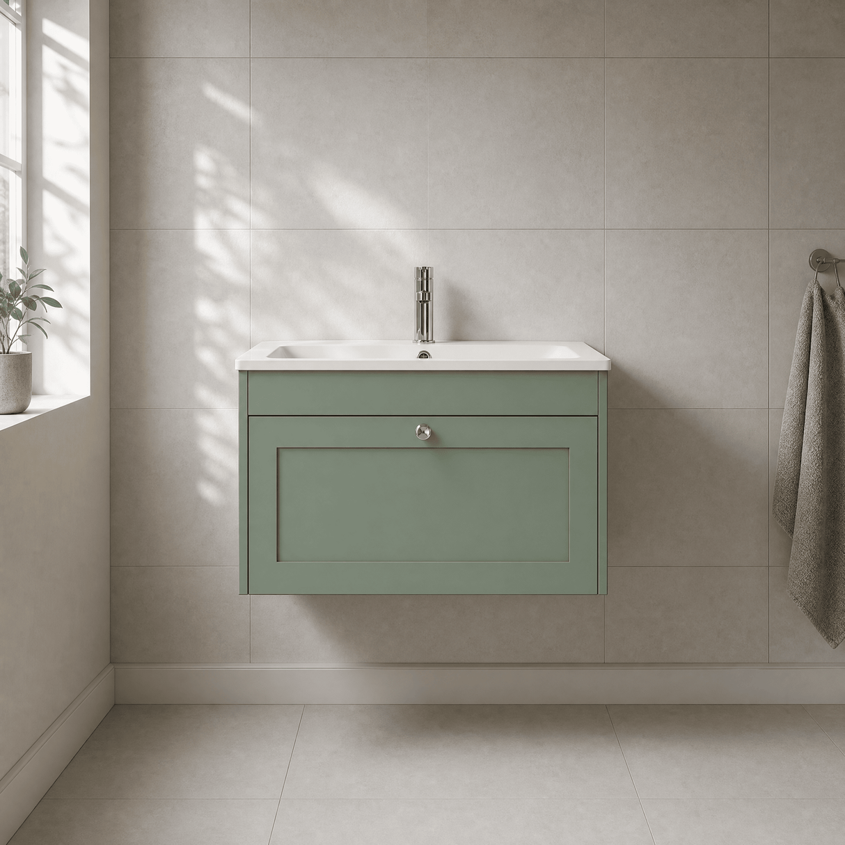 [BFHE896P] Balterley 800mm Wall Hung 1 Drawer Unit with Stone Basin 1 Tap Hole - Satin Green - Lifestyle 1