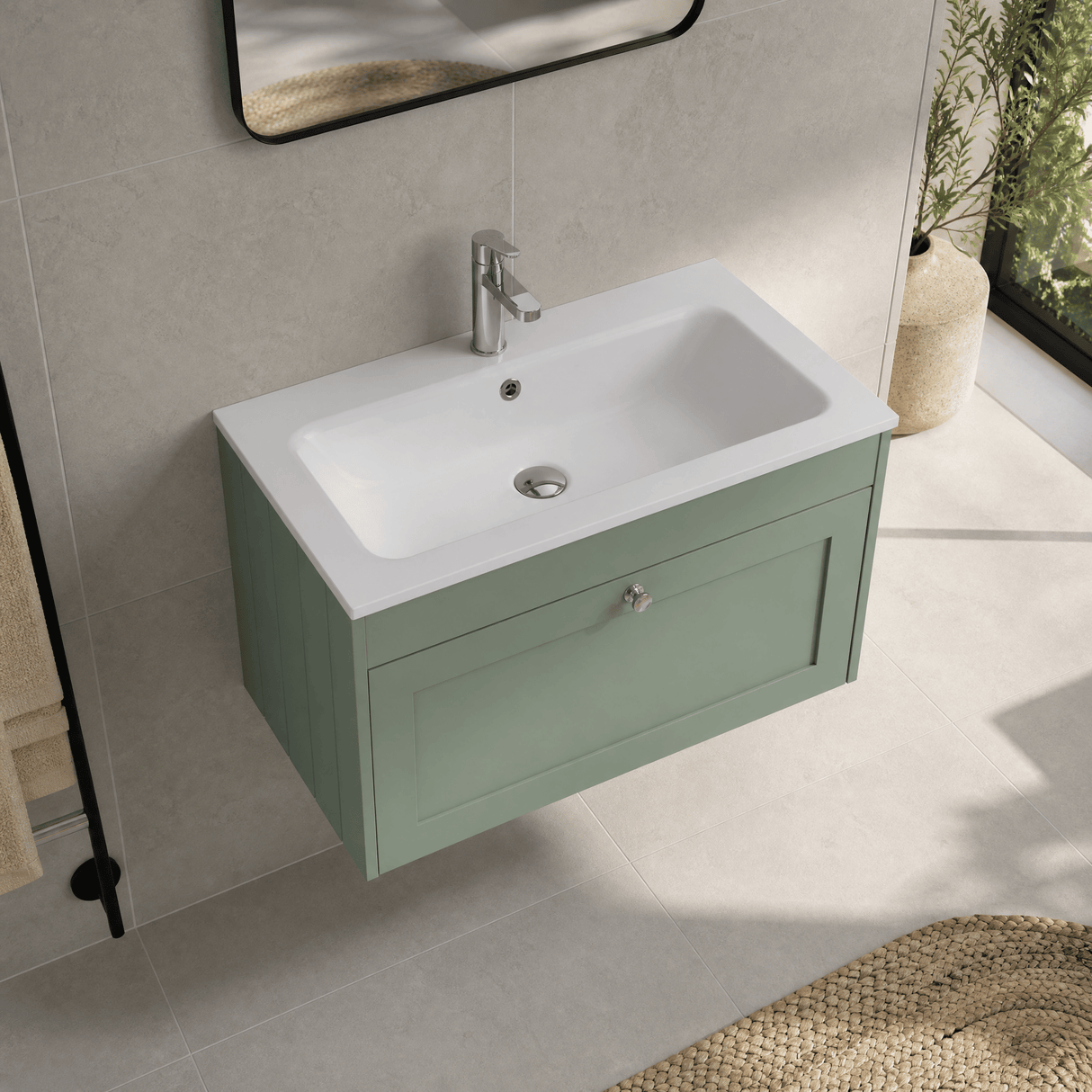 [BFHE896P] Balterley 800mm Wall Hung 1 Drawer Unit with Stone Basin 1 Tap Hole - Satin Green - Lifestyle 2