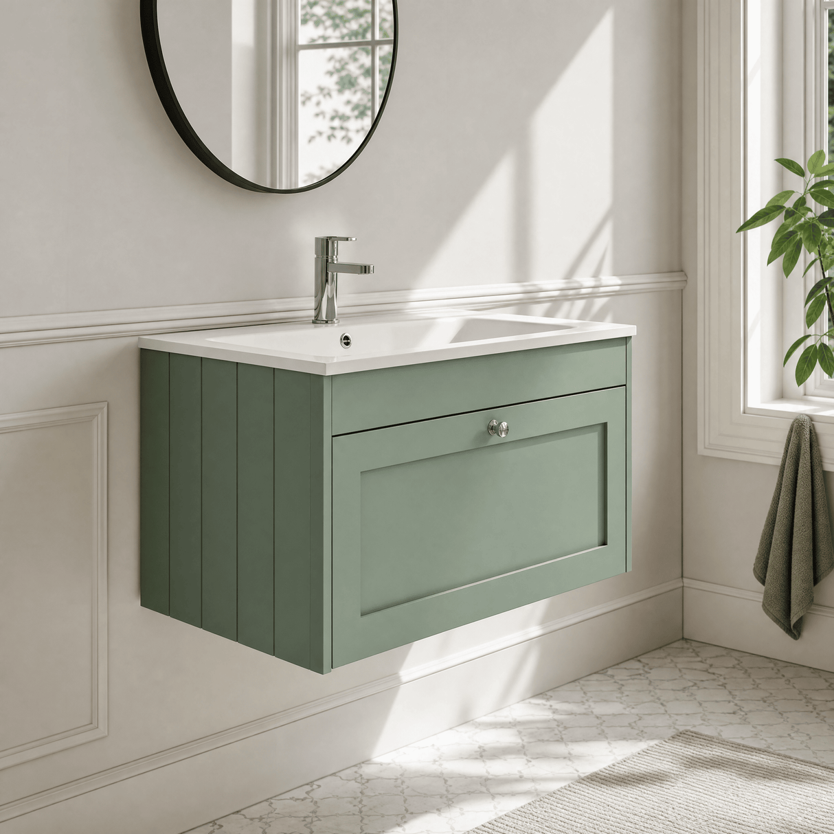 [BFHE896P] Balterley 800mm Wall Hung 1 Drawer Unit with Stone Basin 1 Tap Hole - Satin Green - Lifestyle 3