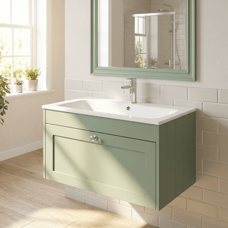 [BFHE896P] Balterley 800mm Wall Hung 1 Drawer Unit with Stone Basin 1 Tap Hole - Satin Green - Silo