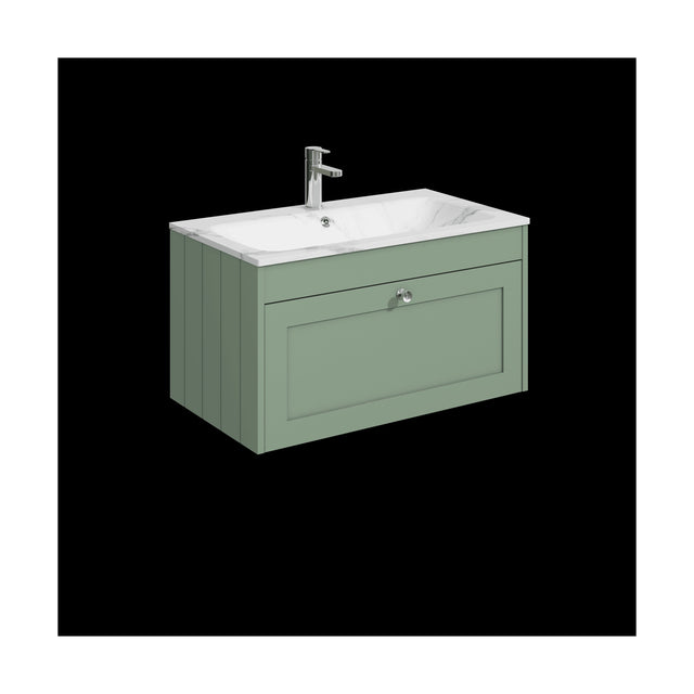 [BFHE896Q] Balterley 800mm Wall Hung 1 Drawer Unit with Stone Basin 1 Tap Hole, Satin Green - Cutout