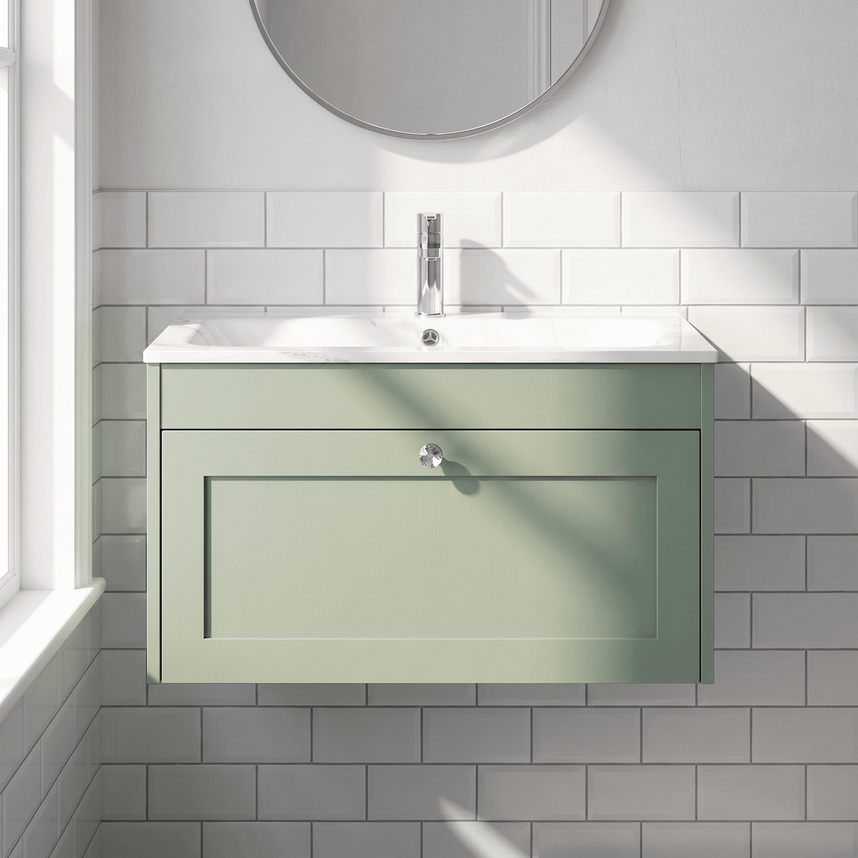 [BFHE896Q] Balterley 800mm Wall Hung 1 Drawer Unit with Stone Basin 1 Tap Hole, Satin Green - Lifestyle 1