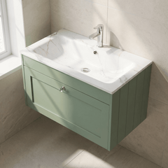 [BFHE896Q] Balterley 800mm Wall Hung 1 Drawer Unit with Stone Basin 1 Tap Hole, Satin Green - Lifestyle 2