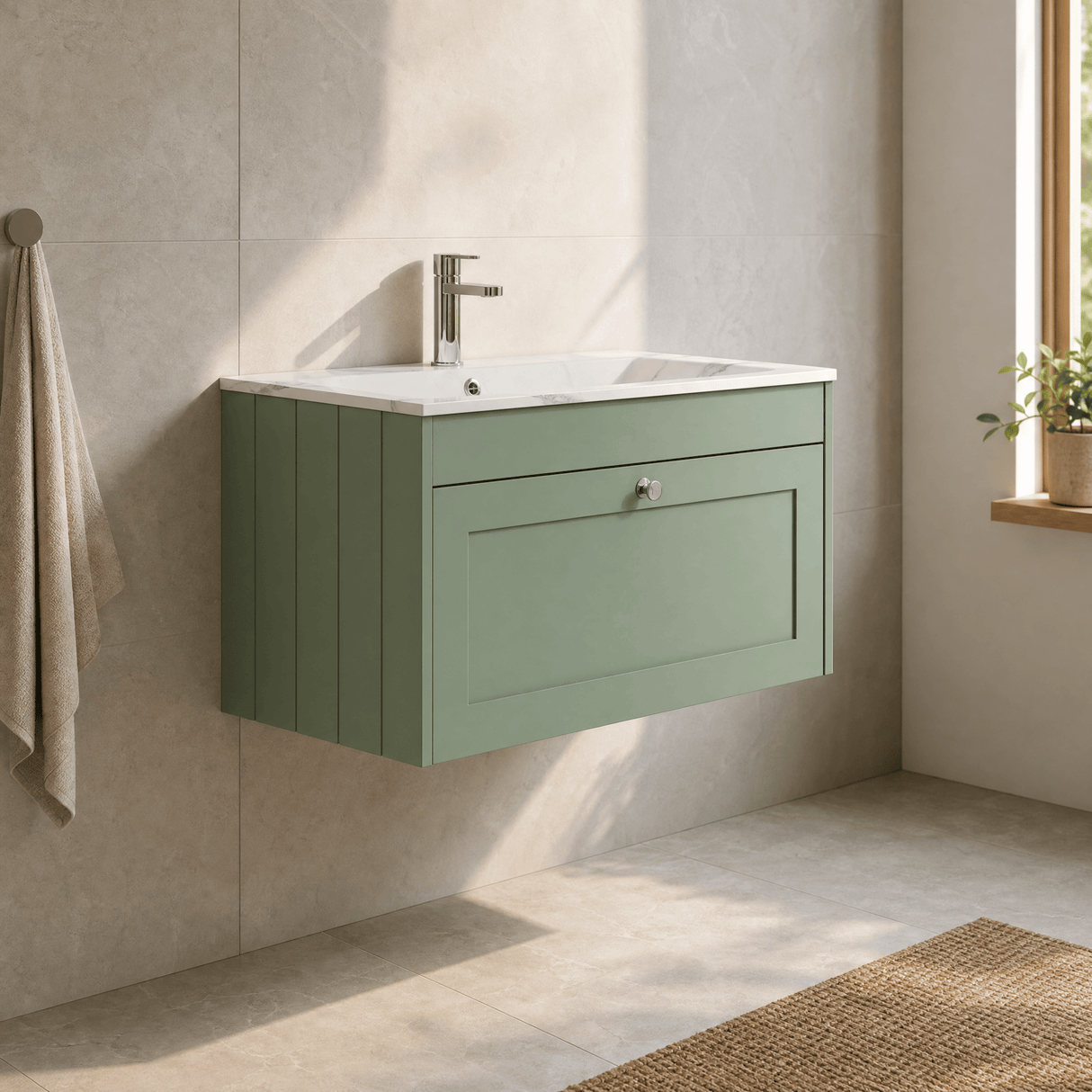 [BFHE896Q] Balterley 800mm Wall Hung 1 Drawer Unit with Stone Basin 1 Tap Hole, Satin Green - Lifestyle 3
