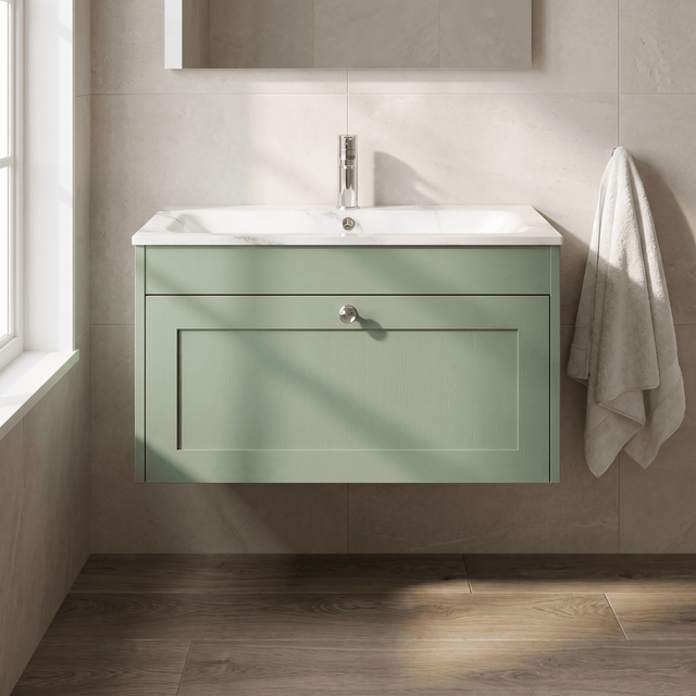 [BFHE896Q] Balterley 800mm Wall Hung 1 Drawer Unit with Stone Basin 1 Tap Hole, Satin Green - Silo