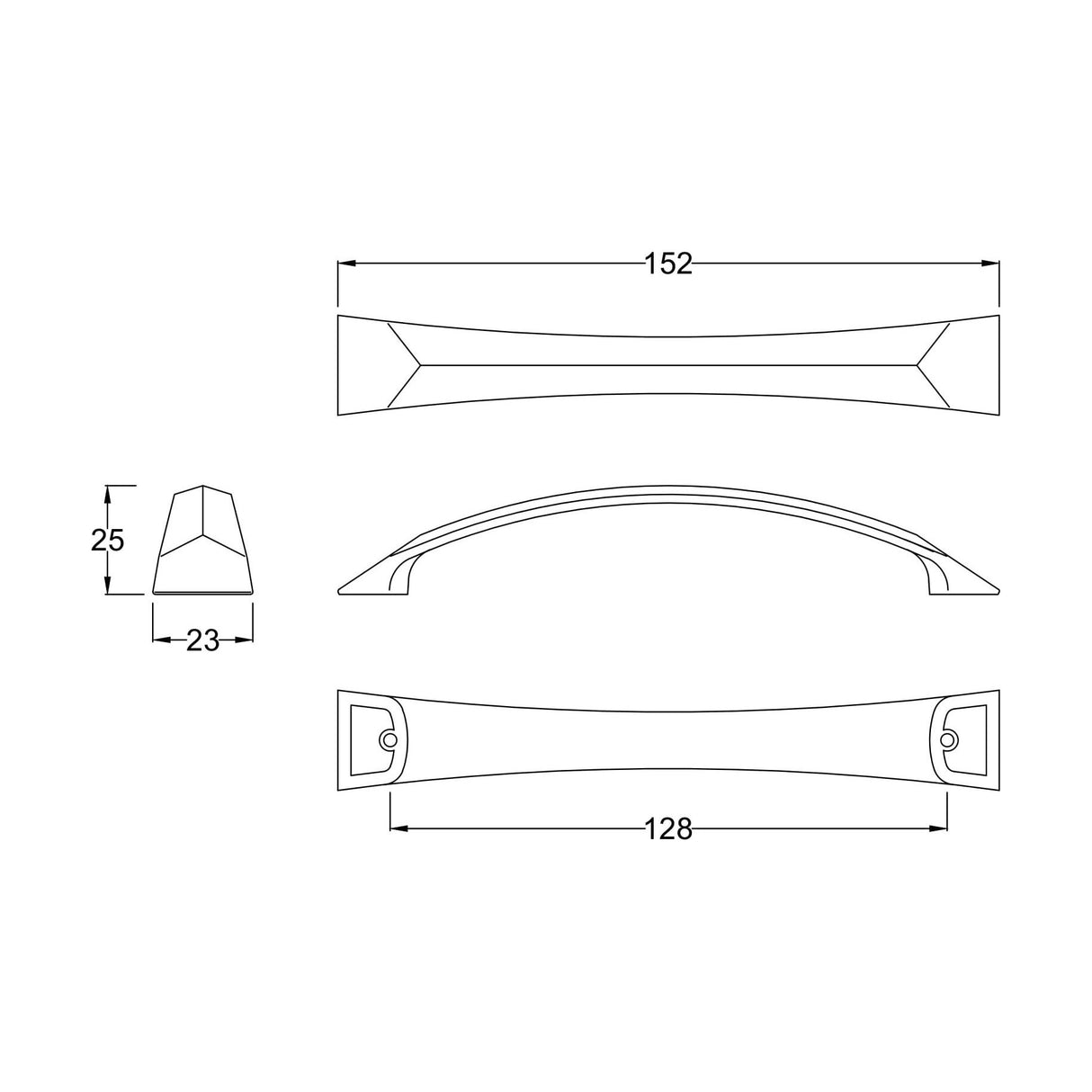 [BFHH005] D Shape Bow Handle, 152mm (128mm Centres) - Satin Nickel - Technical Drawing