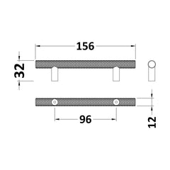 [BFHH010] Furniture Handle Textured Knurled Bar Handle, 156mm (96mm Centres) - Satin Chrome - Technical Drawing