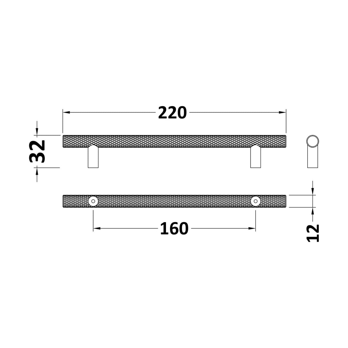 [BFHH011] Furniture Handle Textured Knurled Bar Handle, 220mm (160mm Centres) - Satin Chrome - Technical Drawing