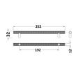 [BFHH012] Furniture Handle Textured Knurled Bar Handle, 252mm (192mm Centres) - Satin Chrome - Technical Drawing