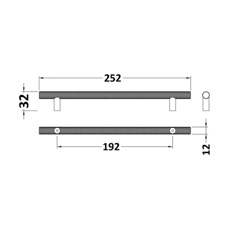 [BFHH022] Furniture Handle Textured Knurled Bar Handle, 252mm (192mm Centres) - Matt Black - Technical Drawing