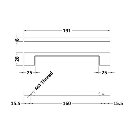 [BFHH026] Furniture Handle Square D Shape Handle, 191mm (160mm Centres) - Chrome - Technical Drawing