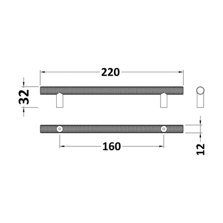 [BFHH031] Furniture Handle Textured Knurled Bar Handle, 220mm (160mm Centres) - Brushed Brass - Technical Drawing