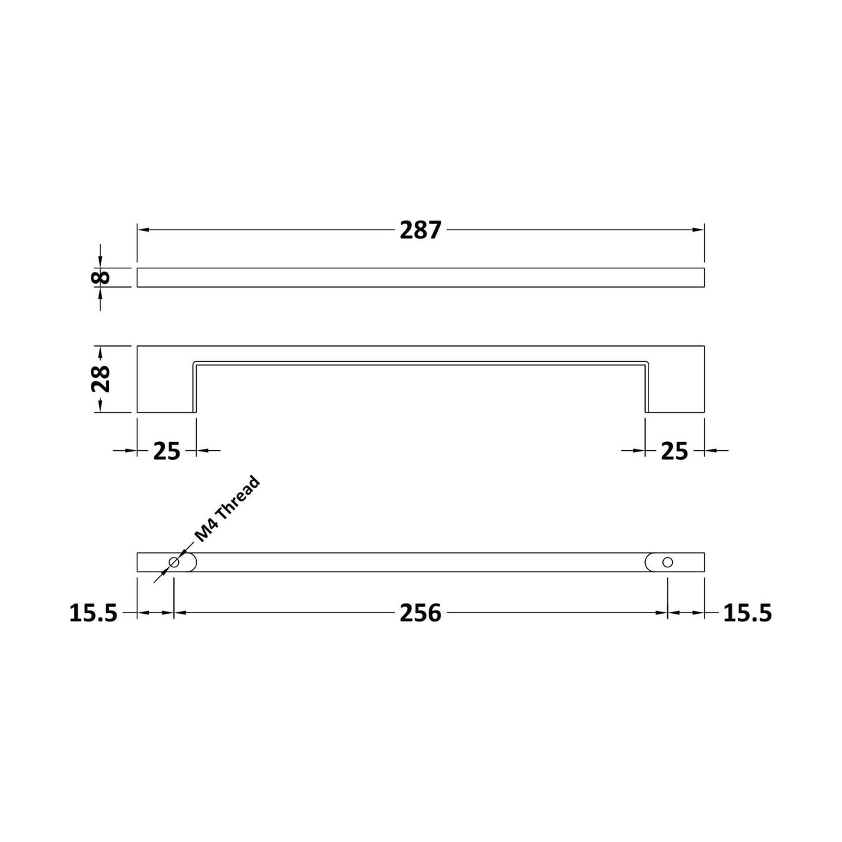 [BFHH036] Furniture Handle Thin D Shape Handle, 287mm (256mm Centres) - Chrome - Technical Drawing