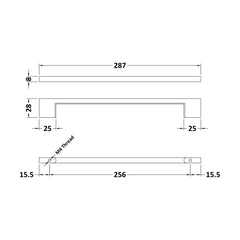 [BFHH036] Furniture Handle Thin D Shape Handle, 287mm (256mm Centres) - Chrome - Technical Drawing