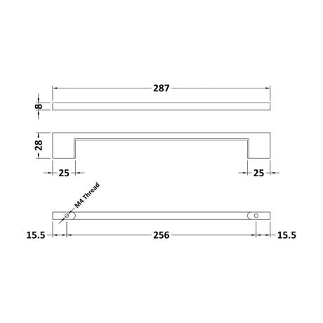 [BFHH036] Furniture Handle Thin D Shape Handle, 287mm (256mm Centres) - Chrome - Technical Drawing
