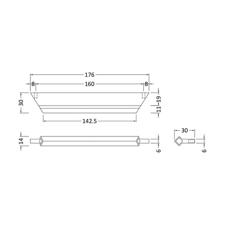 [BFHH101] Profile Handle, 176mm (160mm Centres) - Chrome - Technical Drawing