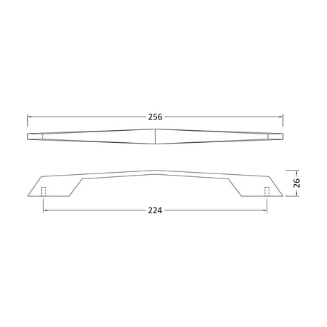 [BFHH104] Furniture Handle Angular D Shape Handle, 256mm (224mm Centres) - Chrome - Technical Drawing