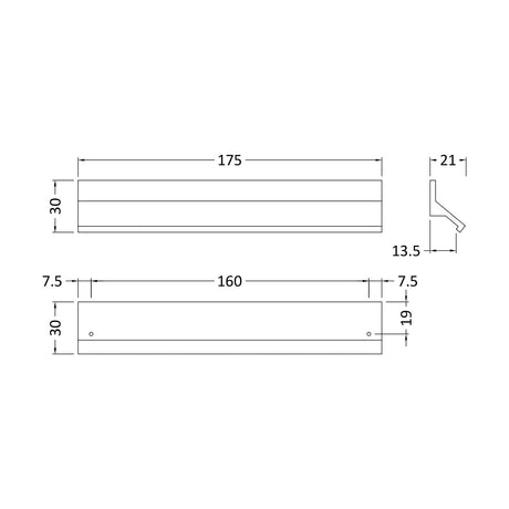 [BFHH107] Finger Pull Handle, 175mm (160mm Centres) - Chrome - Technical Drawing