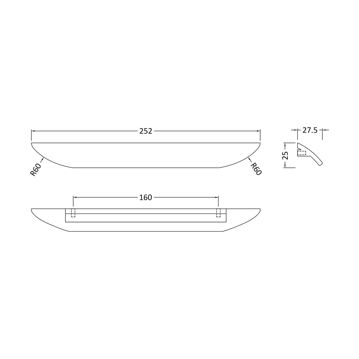 [BFHH109] Finger Pull Handle, 252mm (160mm Centres) - Chrome - Technical Drawing