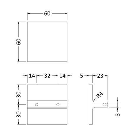 [BFHH111] Square Knob, 60mm (32mm Centres) - Chrome - Technical Drawing