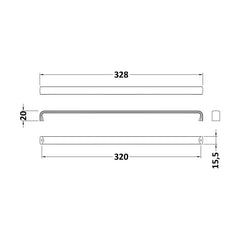 [BFHH120] Thin D Shape Furniture Handle 328 x 16 x 20mm - Chrome Finish - Technical Drawing