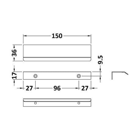 [BFHH124] Finger Pull Handle, 150mm (96mm Centres) - Chrome - Technical Drawing