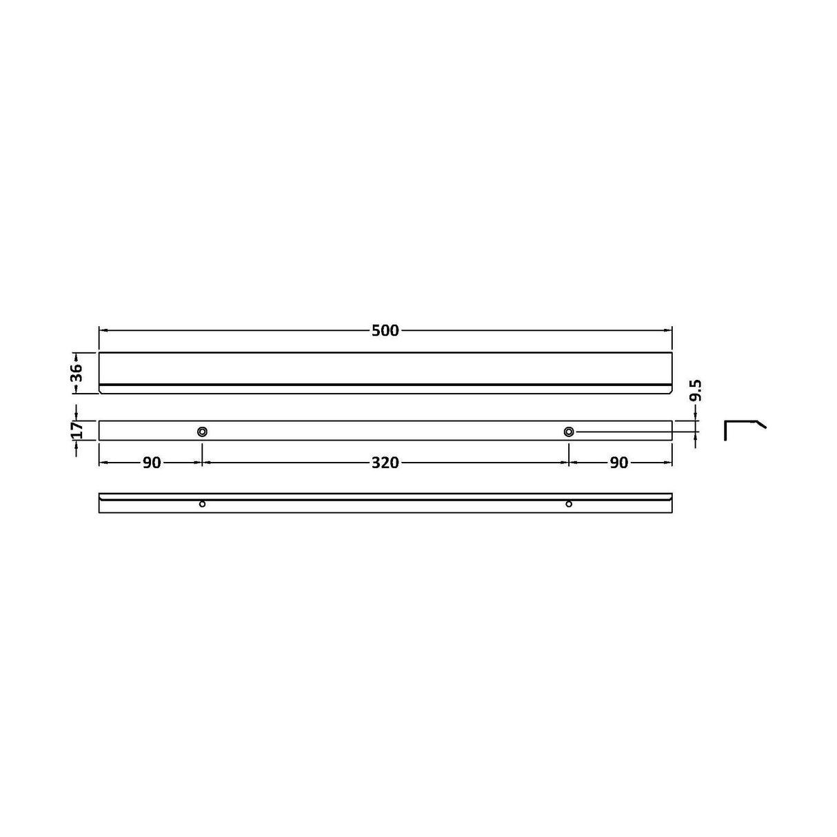 [BFHH126] Finger Pull Handle, 500mm (320mm Centres) - Chrome - Technical Drawing