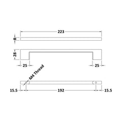 [BFHH1516] Square D Shape Handle, 223mm (192mm Centres), Choice of Finish - Technical Drawing