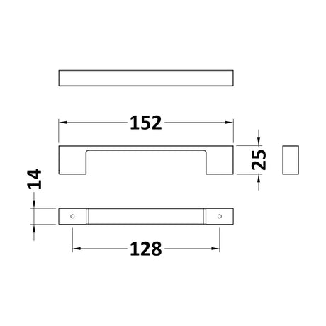 [BFHH181] D Shape Square Handle, 152mm (128mm Centres) - Chrome - Technical Drawing